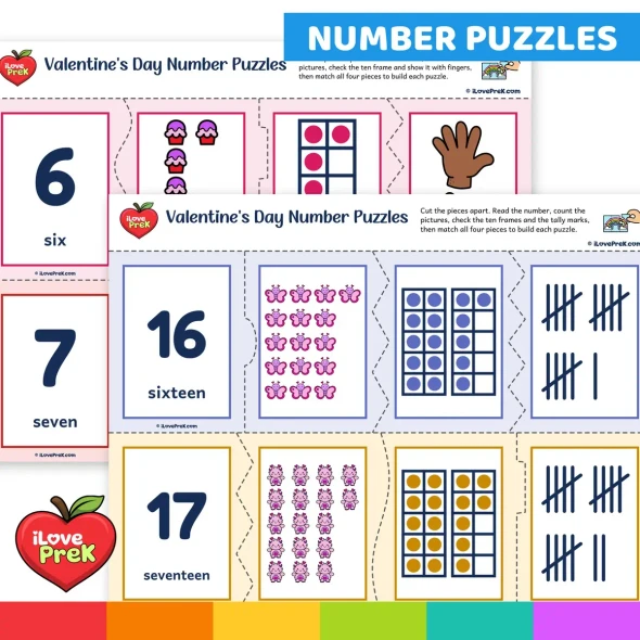 Self-checking Valentine's Day number puzzles joining numeral, word, pictures, ten frames and tally marks.