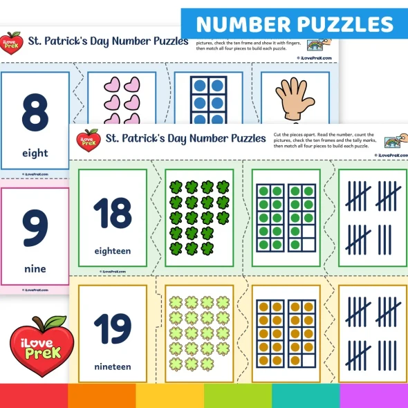 Self-checking St. Patrick's Day number puzzles joining numeral, word, pictures, ten frames and tally marks.