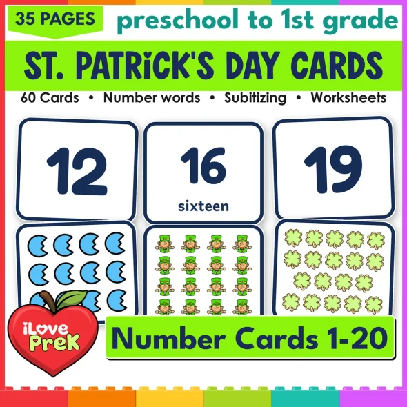 St. Patrick's Day number cards 1-20: 60 subitizing flash cards with numerals, words and pictures.