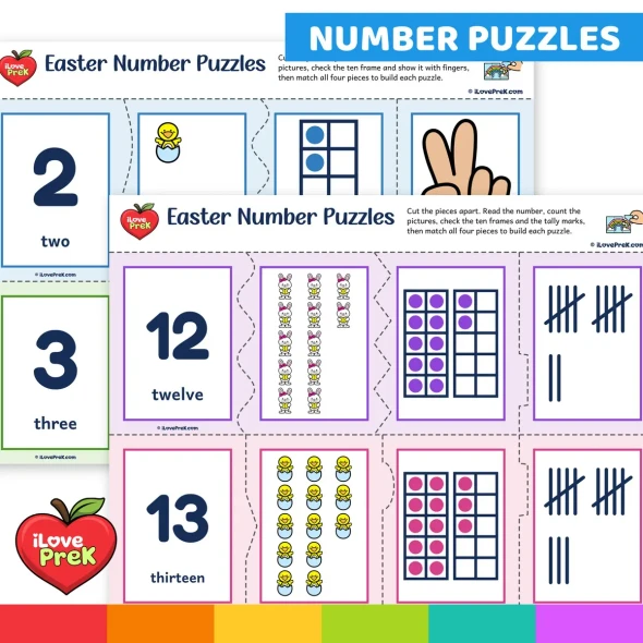 Self-checking Easter number puzzles joining numeral, word, pictures, ten frames and tally marks.