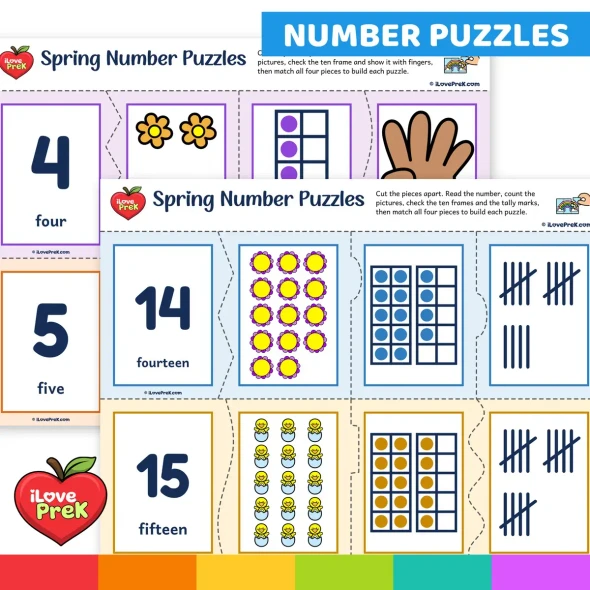 Self-checking Spring number puzzles joining numeral, word, pictures, ten frames and tally marks.