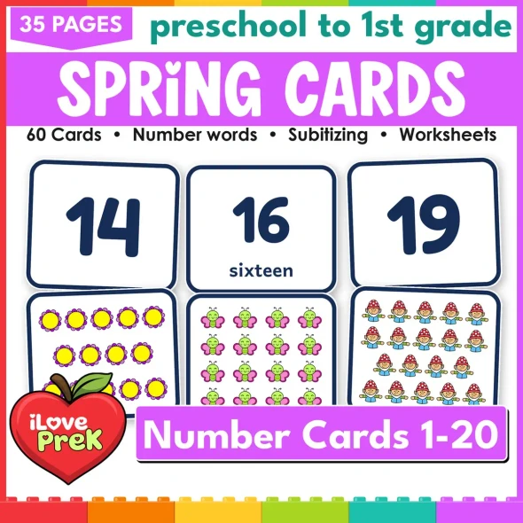 Spring number cards 1-20: 60 subitizing flash cards with numerals, words and pictures.