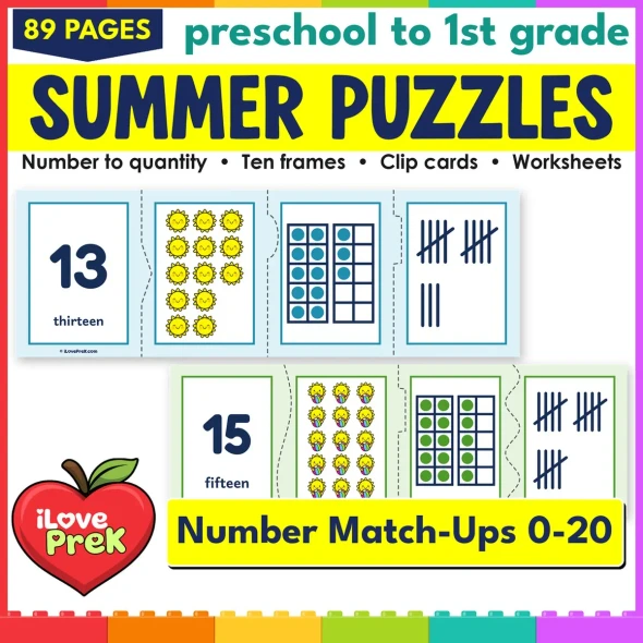 Summer number puzzles and count and clip cards for 0 to 20, math centers for preschool and kindergarten.