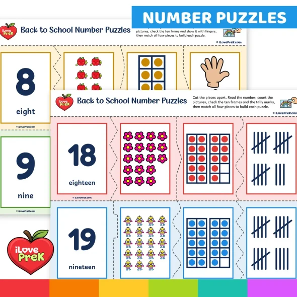 Self-checking Back to School number puzzles joining numeral, word, pictures, ten frames and tally marks.