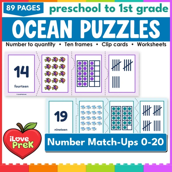 Ocean number puzzles and count and clip cards for 0 to 20, math centers for preschool and kindergarten.