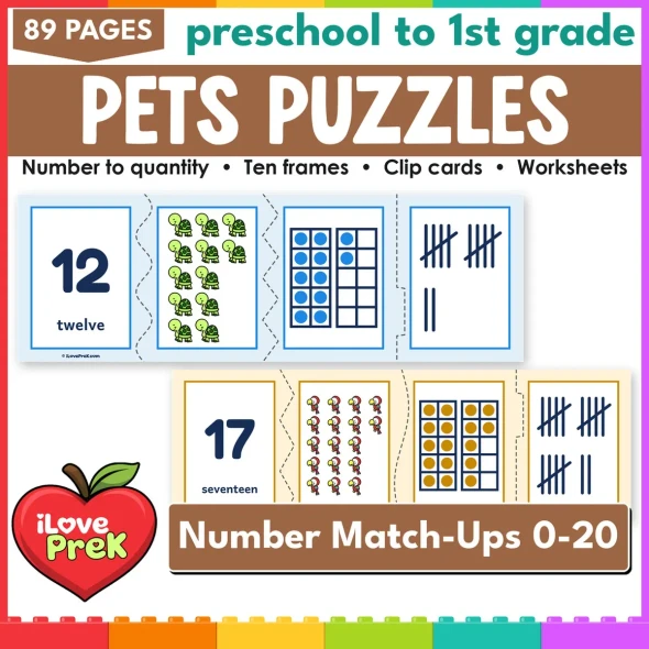 Pets number puzzles and count and clip cards for 0 to 20, math centers for preschool and kindergarten.