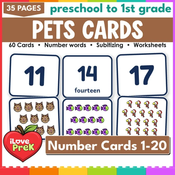 Pets number cards 1-20: 60 subitizing flash cards with numerals, words and pictures.