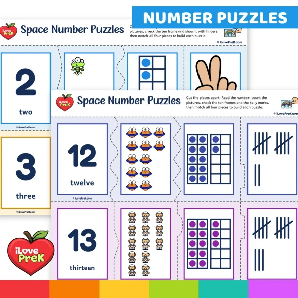 Self-checking Space number puzzles joining numeral, word, pictures, ten frames and tally marks.