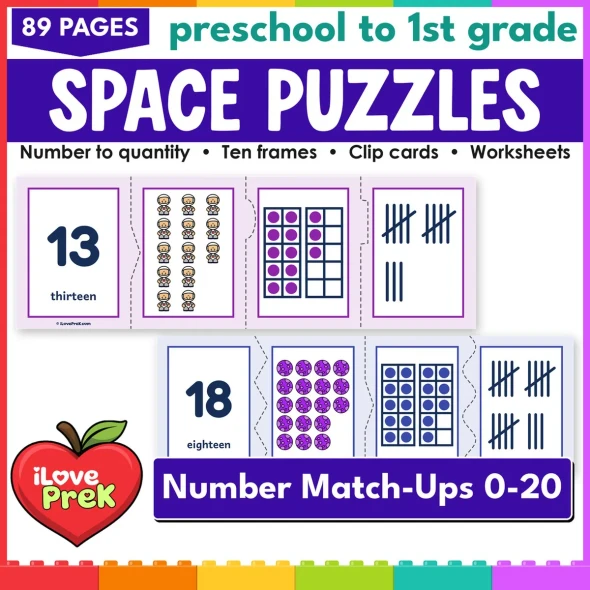Space number puzzles and count and clip cards for 0 to 20, math centers for preschool and kindergarten.