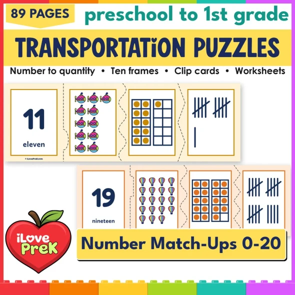 Transportation number puzzles and count and clip cards for 0 to 20, math centers for preschool and kindergarten.