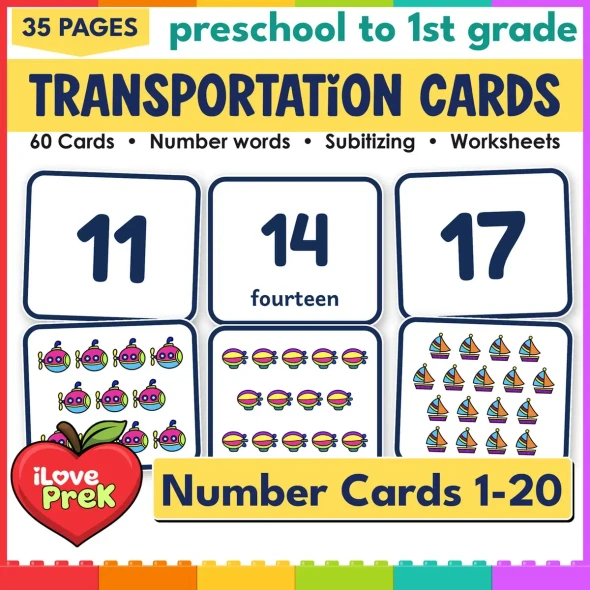 Transportation number cards 1-20: 60 subitizing flash cards with numerals, words and pictures.