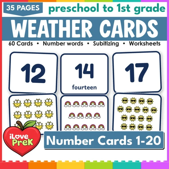 Weather number cards 1-20: 60 subitizing flash cards with numerals, words and pictures.