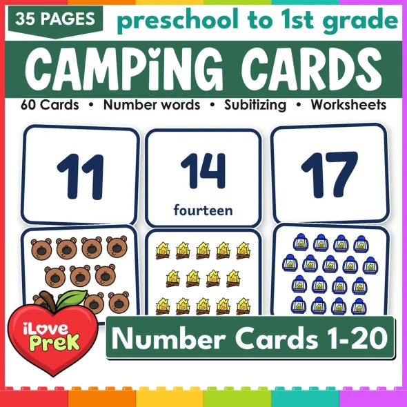 Camping number cards 1-20: 60 subitizing flash cards with numerals, words and pictures.