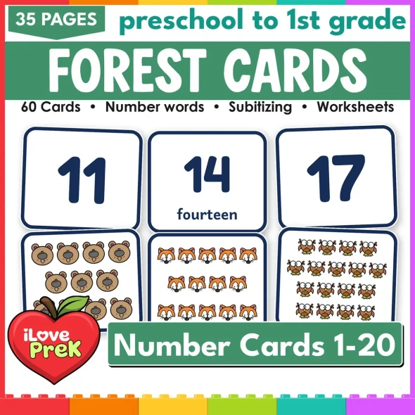 Forest number cards 1-20: 60 subitizing flash cards with numerals, words and pictures.