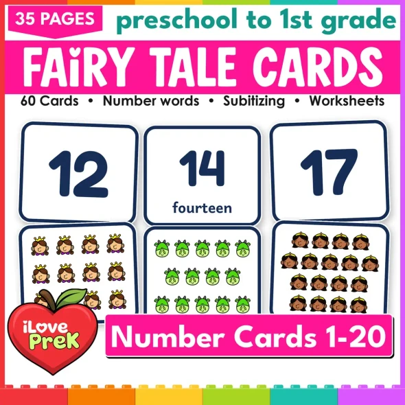 Fairy Tale number cards 1-20: 60 subitizing flash cards with numerals, words and pictures.