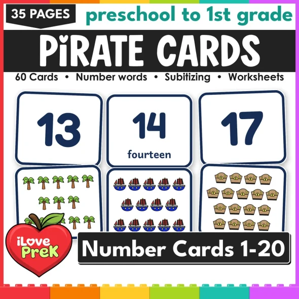 Pirate number cards 1-20: 60 subitizing flash cards with numerals, words and pictures.