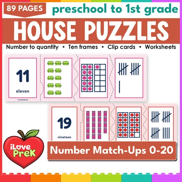 House number puzzles and count and clip cards for 0 to 20, math centers for preschool and kindergarten.