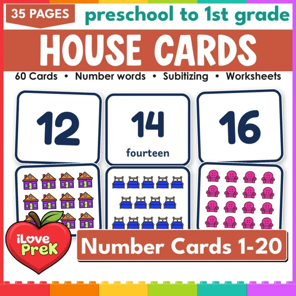 House number cards 1-20: 60 subitizing flash cards with numerals, words and pictures.