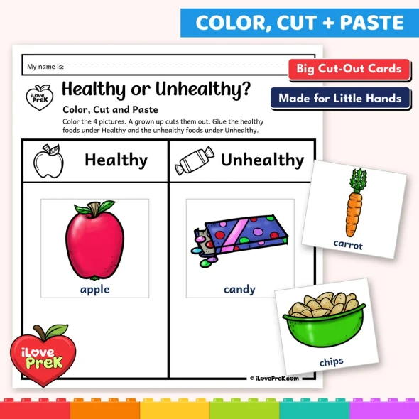 Toddler healthy or unhealthy cut and paste page.