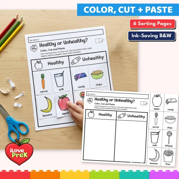 Healthy or unhealthy cut and paste food sort for 1st grade.