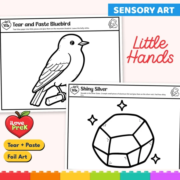 Sensory art: Tear and Paste Bluebird and Shiny Silver foil pages for toddlers.
