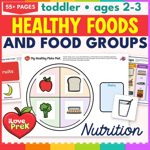 Toddler healthy foods and food groups activities with a healthy plate mat and food pieces.