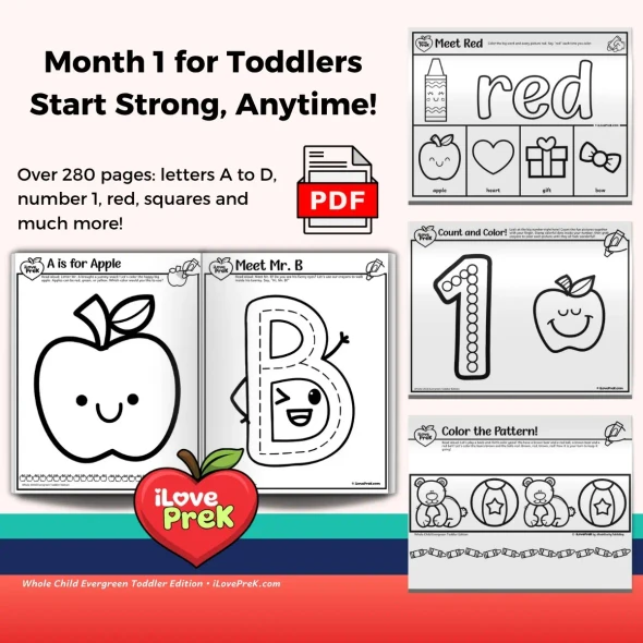 Month 1 overview with sample pages for letters A to D and number 1.