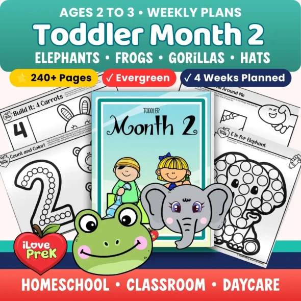 Toddler Curriculum Month 2 cover with elephants, frogs, gorillas and hats, for ages 2 to 3.