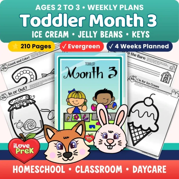 Toddler Curriculum Month 3 cover with ice cream, jelly beans and keys, for ages 2 to 3.