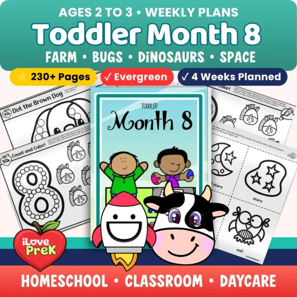 Toddler Curriculum Month 8 cover with the farm, bugs, dinosaurs and space, for ages 2 to 3.