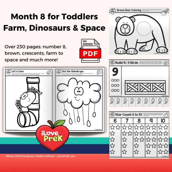 Month 8 overview with sample pages for letter review and number 8.