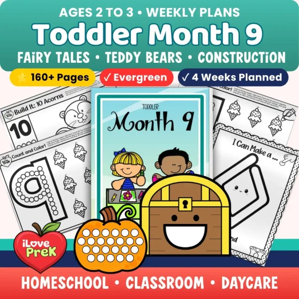 Toddler Curriculum Month 9 cover with fairy tales, a teddy bear picnic and construction, for ages 2 to 3.