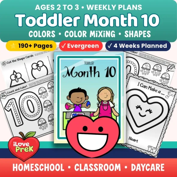 Toddler Curriculum Month 10 cover with primary colors, color mixing and shapes, for ages 2 to 3.