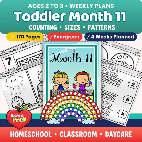 Toddler Curriculum Month 11 cover with counting, sizes, patterns and sorting, for ages 2 to 3.