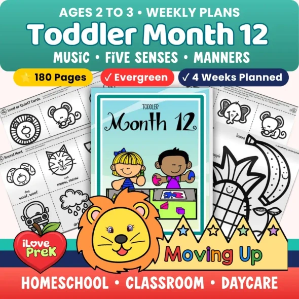 Toddler Curriculum Month 12 cover with music, the five senses, manners and a celebration, for ages 2 to 3.