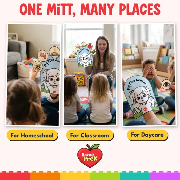 The five senses story mitt used for circle time in homeschool, classroom and daycare.