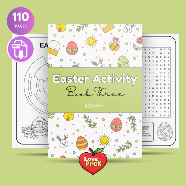 Main front cover of the Easter Workbook Volume 3 for PreK, Kindergarten, and 1st Grade by iLovePrek.
