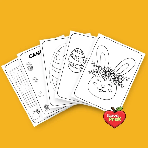 Fine motor skills activities and Easter coloring worksheet pages included in the educational printable package.