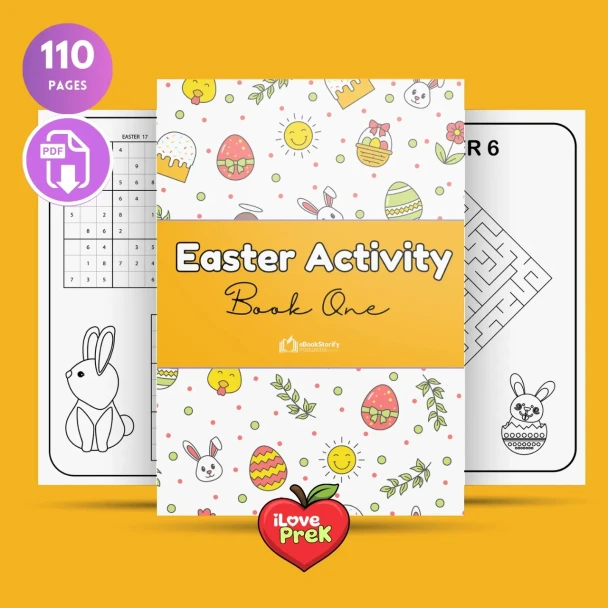 Main front cover of the Easter Workbook Volume 1 for PreK, Kindergarten, and 1st Grade by iLovePrek.