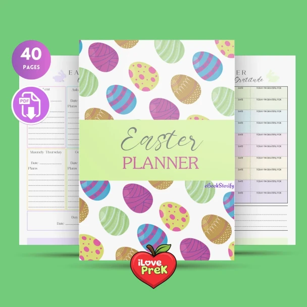 Main front cover of the printable Easter Planner bundle by iLovePrek.