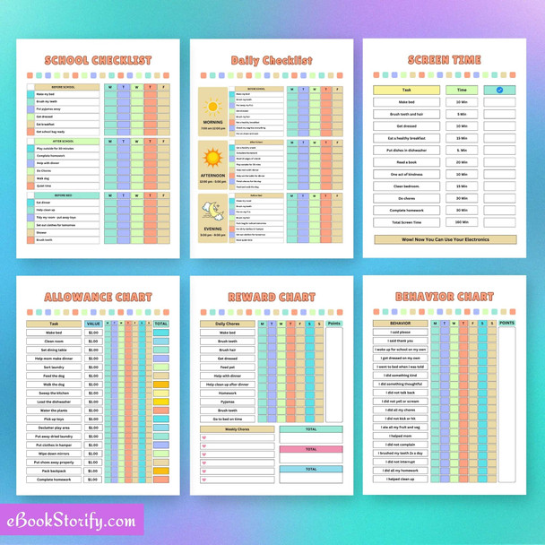 Kids planner pages showing 2025 2026 calendars monthly planner weekly plan and daily routine planner for homeschool and at home learning