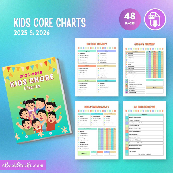 Free kids chore chart and daily responsibility system 48 pages printable for homeschool families and at home learners ages 4 to 12
