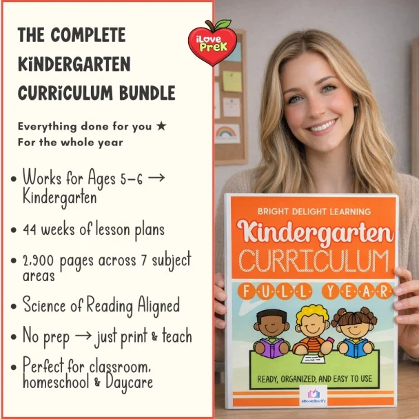 Teacher holding printed Kindergarten curriculum binder with lesson plans and classroom activities