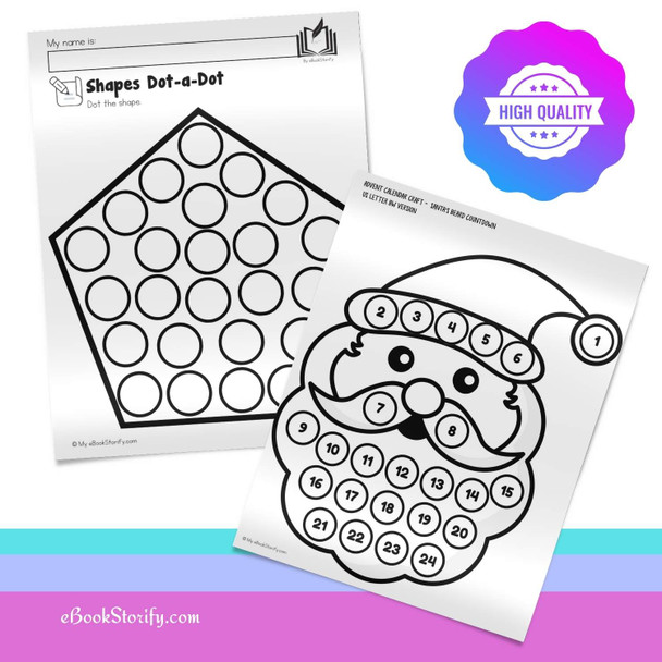 Santa's Beard Countdown advent calendar 1 to 24 with daily cotton ball activity in poster and individual versions color and black and white