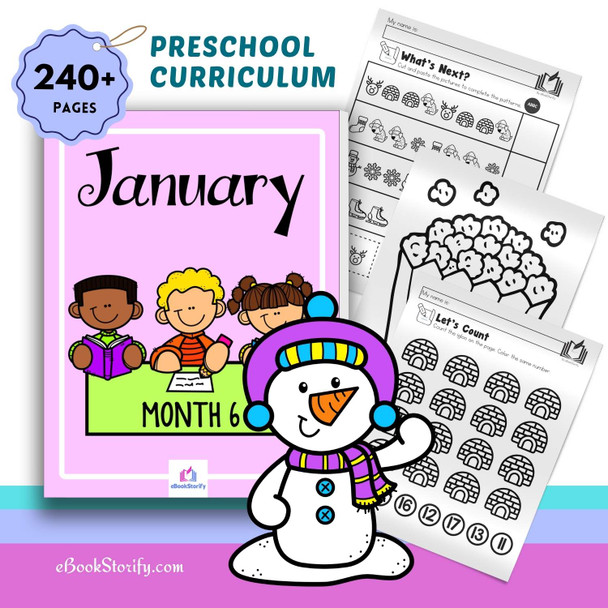 Preschool January curriculum with 240 pages of winter and New Year activities for daycare, homeschool and classroom