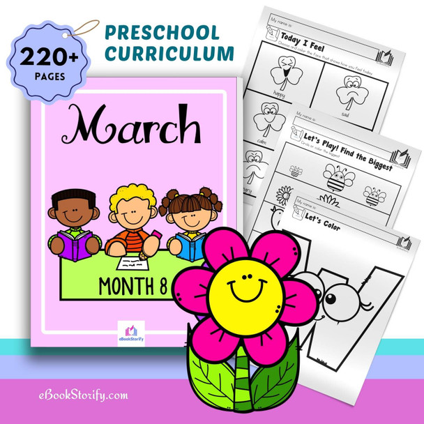 Preschool March curriculum with 220 pages of spring growth and alphabet mastery activities for ages 3 to 5 homeschool and classroom