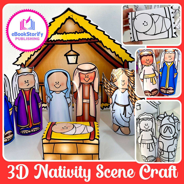 3D nativity scene craft kit for kids with color and black and white versions for Christmas classroom and homeschool
