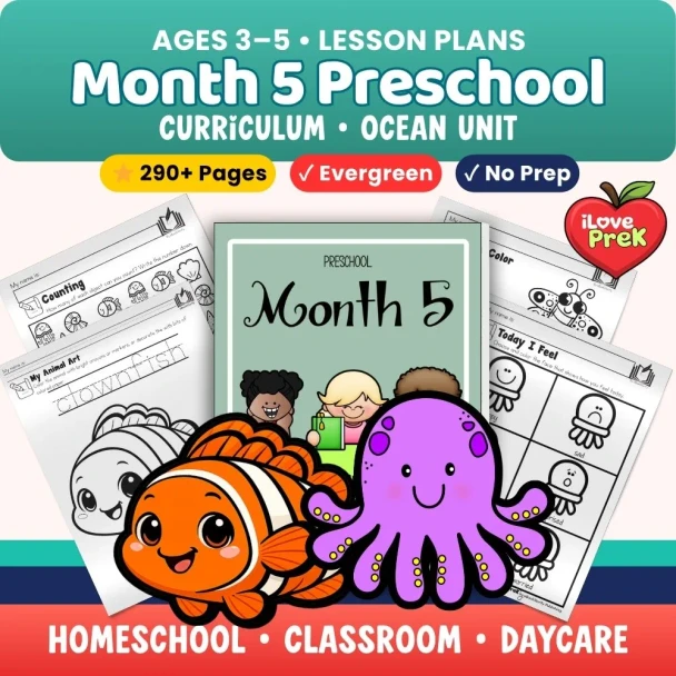Ocean preschool unit 290-page homeschool curriculum no-prep worksheets sea life science handwriting fine motor PreK ages 3-5