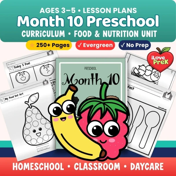 Food nutrition preschool unit 250-page science of reading no-prep worksheets dental health nutrition science fine motor PreK homeschool ages 3-5