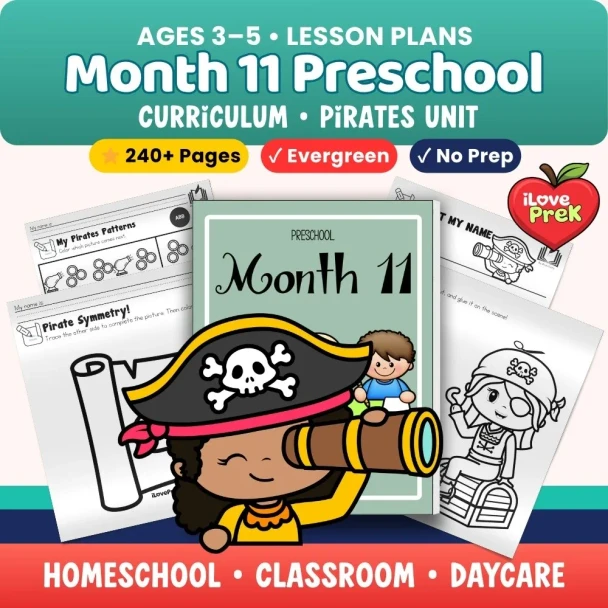 Pirates preschool unit 240-page no-prep curriculum worksheets alphabet sorting symmetry history fine motor PreK homeschool ages 3-5
